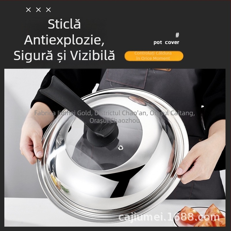 Capac din oțel inoxidabil cu geam transparent, fără magnetism, pentru diametre de 30–40 cm