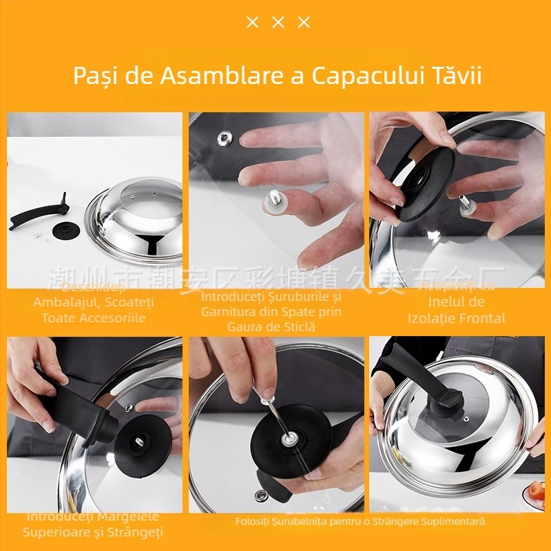 Capac din oțel inoxidabil cu geam transparent, fără magnetism, pentru diametre de 30–40 cm
