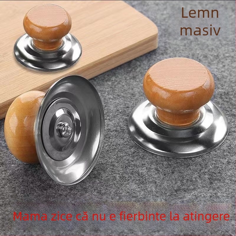 Buton universal pentru capac de oală, vârf din lemn masiv, din oțel inoxidabil rezistent la temperaturi înalte, pentru oale de supă și wok