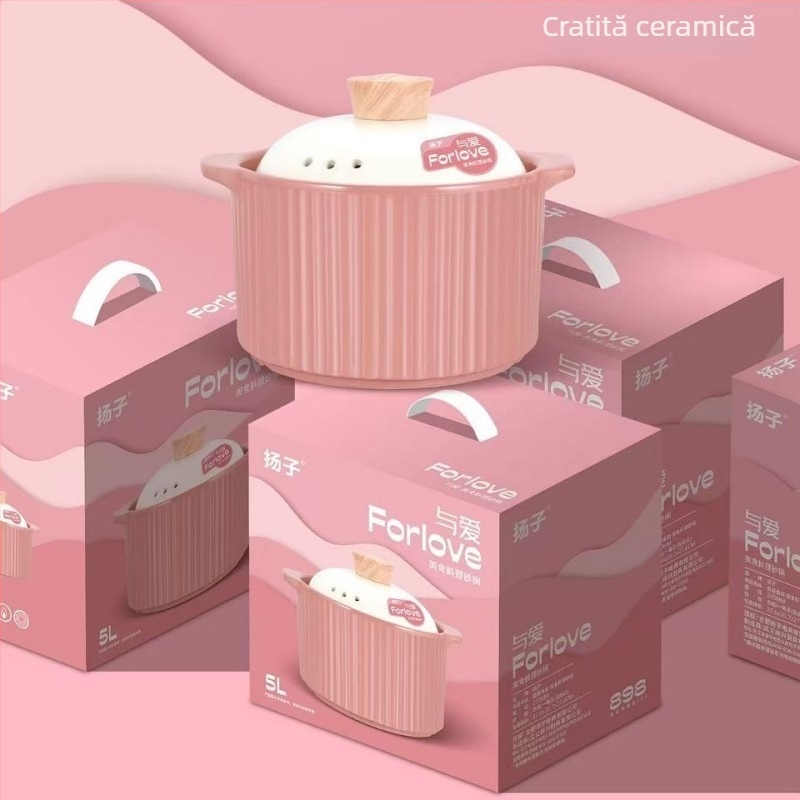 Caserolă din lut ceramică, 5 L, rezistentă la temperaturi înalte, pentru terci și supe, capac ceramic, compatibilă cu aragaz.