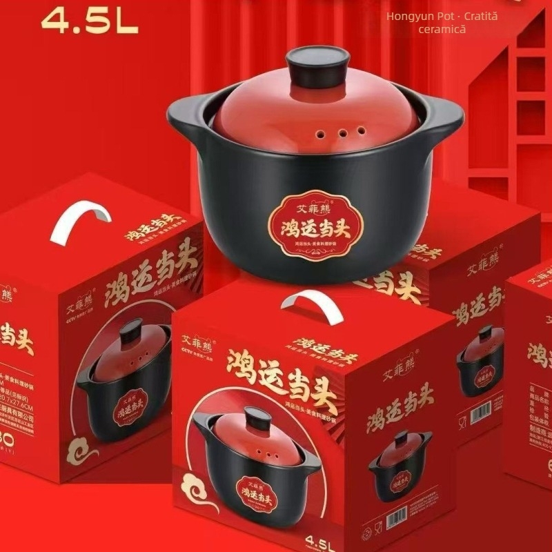 Caserolă din lut ceramică, 5 L, rezistentă la temperaturi înalte, pentru terci și supe, capac ceramic, compatibilă cu aragaz.