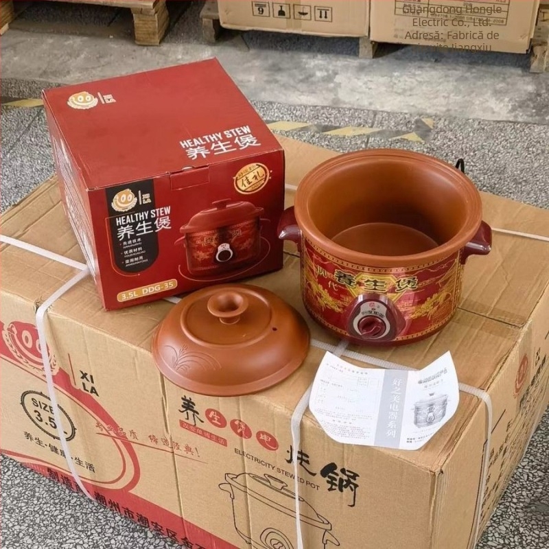 Caserolă din lut ceramică, 5 L, rezistentă la temperaturi înalte, pentru terci și supe, capac ceramic, compatibilă cu aragaz.