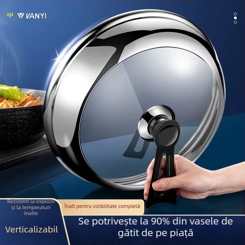 Capac înalt din oțel inoxidabil cu sticlă transparentă pentru wok, gătit cu aburi și oală de fontă – capac universal