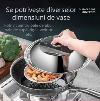 Capac de oală rotund de 34 cm, din oțel inoxidabil și sticlă, rezistent la temperaturi înalte