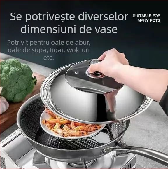 Capac de oală rotund de 34 cm, din oțel inoxidabil și sticlă, rezistent la temperaturi înalte