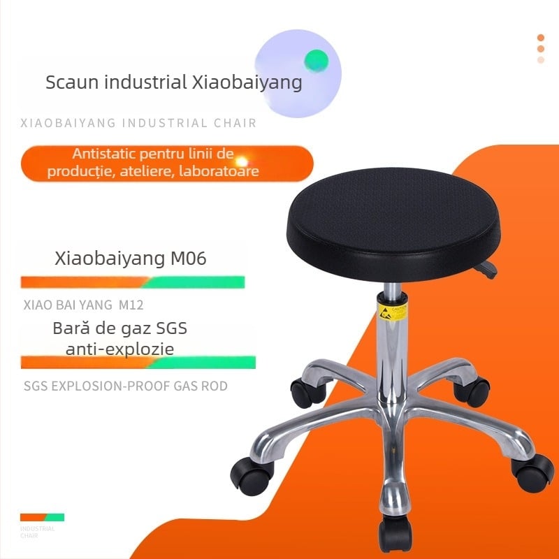 Scaun anti-static pentru atelier și laborator, șezut rotund reglabil pe înălțime, din PU cu spumă, fără praf