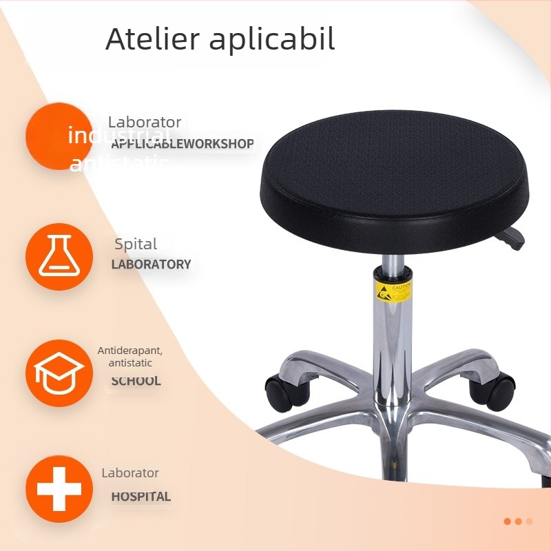 Scaun anti-static pentru atelier și laborator, șezut rotund reglabil pe înălțime, din PU cu spumă, fără praf