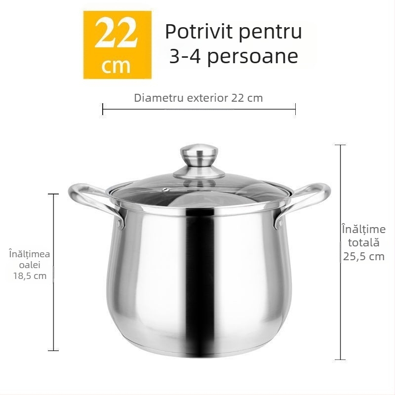 Oală de supă din oțel inoxidabil 304, capacitate mare, fund gros, pentru supe, tocănițe și fiert, cu capac din sticlă, compatibilă cu plita cu inducție și aragaz