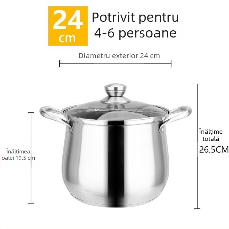 Oală de supă din oțel inoxidabil 304, capacitate mare, fund gros, pentru supe, tocănițe și fiert, cu capac din sticlă, compatibilă cu plita cu inducție și aragaz