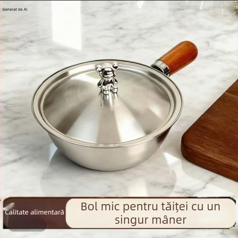 Oală mică din oțel inoxidabil îngroșat, cu mâner din lemn, anti-arzire, rotundă, pentru lapte de bebeluți, supe și tăiței
