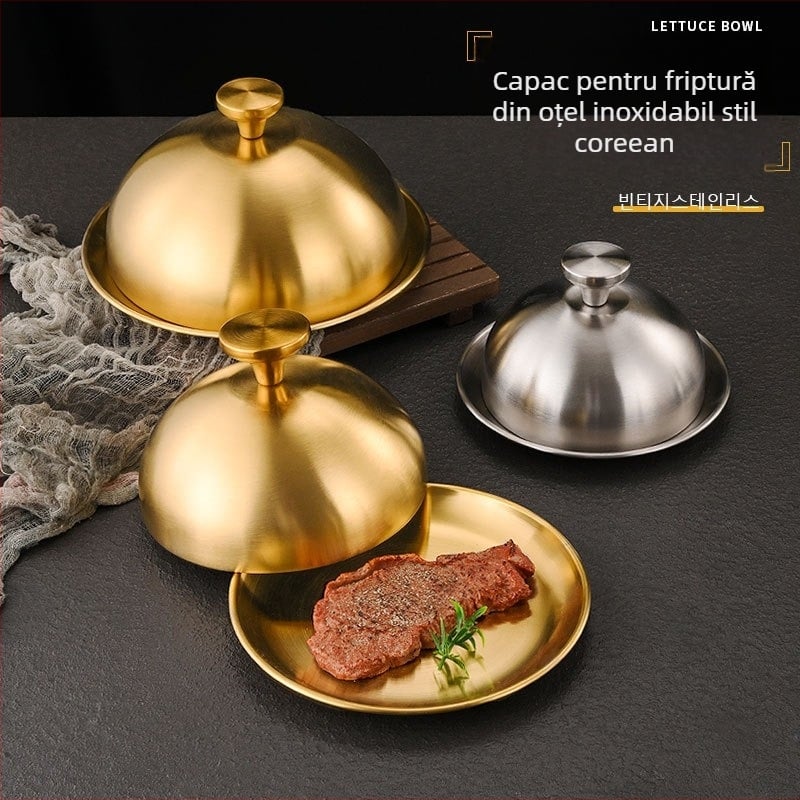 Capac din oțel inoxidabil în stil coreean pentru teppanyaki – capac circular și tavă de servire pentru fripturi și feluri occidentale