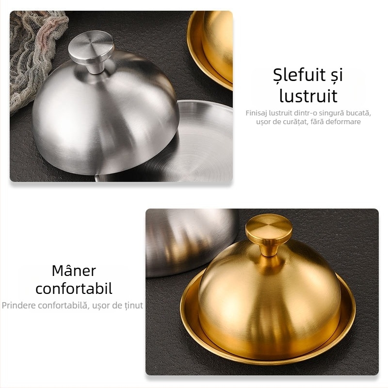 Capac din oțel inoxidabil în stil coreean pentru teppanyaki – capac circular și tavă de servire pentru fripturi și feluri occidentale