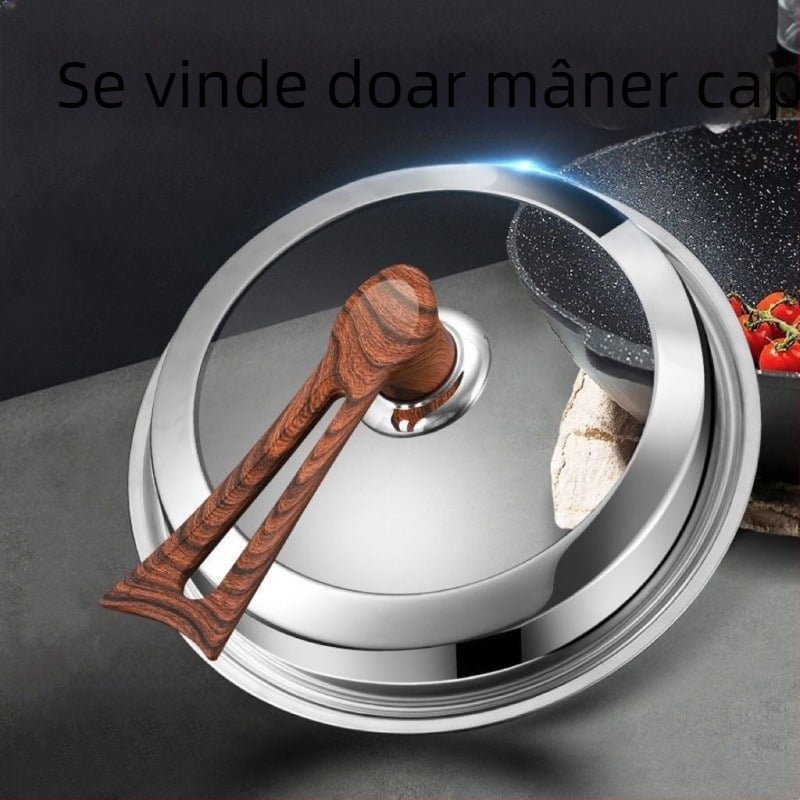 Capac universal pentru oală din oțel inox, cu capac de sticlă și mâner înălțat, protecție împotriva arsurilor și vărsării, accesorii din piatră Maifan