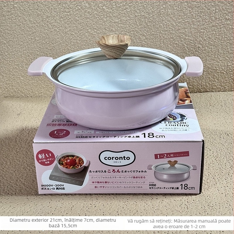 Oală de supă roz cu două mâneri, pentru masă, compatibilă cu plita pe gaz și inducție, ideală pentru supe, hot pot și tocănițe