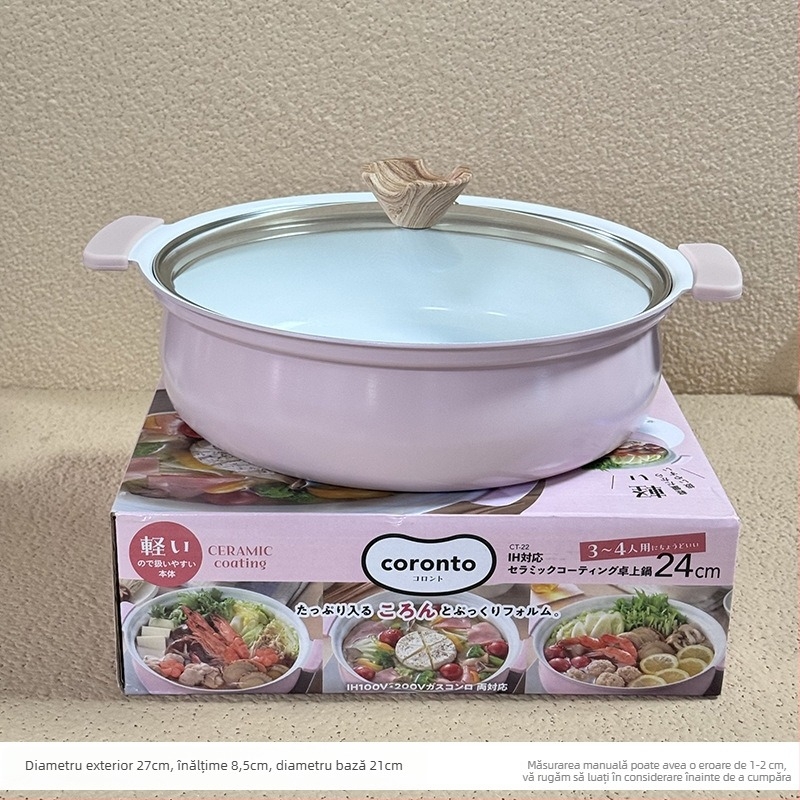 Oală de supă roz cu două mâneri, pentru masă, compatibilă cu plita pe gaz și inducție, ideală pentru supe, hot pot și tocănițe