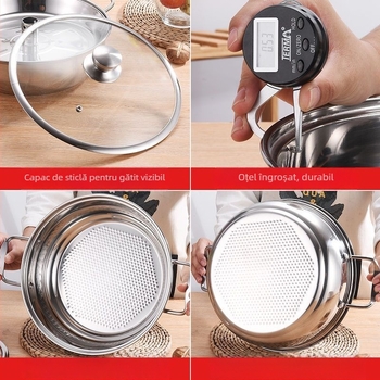 Oală de abur din oțel inoxidabil, îngroșată, pentru pește și hot pot — utilizare casnică și comercială, capac din sticlă, un singur nivel