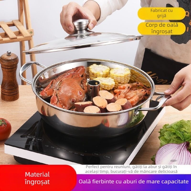 Oală de abur din oțel inoxidabil, îngroșată, pentru pește și hot pot — utilizare casnică și comercială, capac din sticlă, un singur nivel