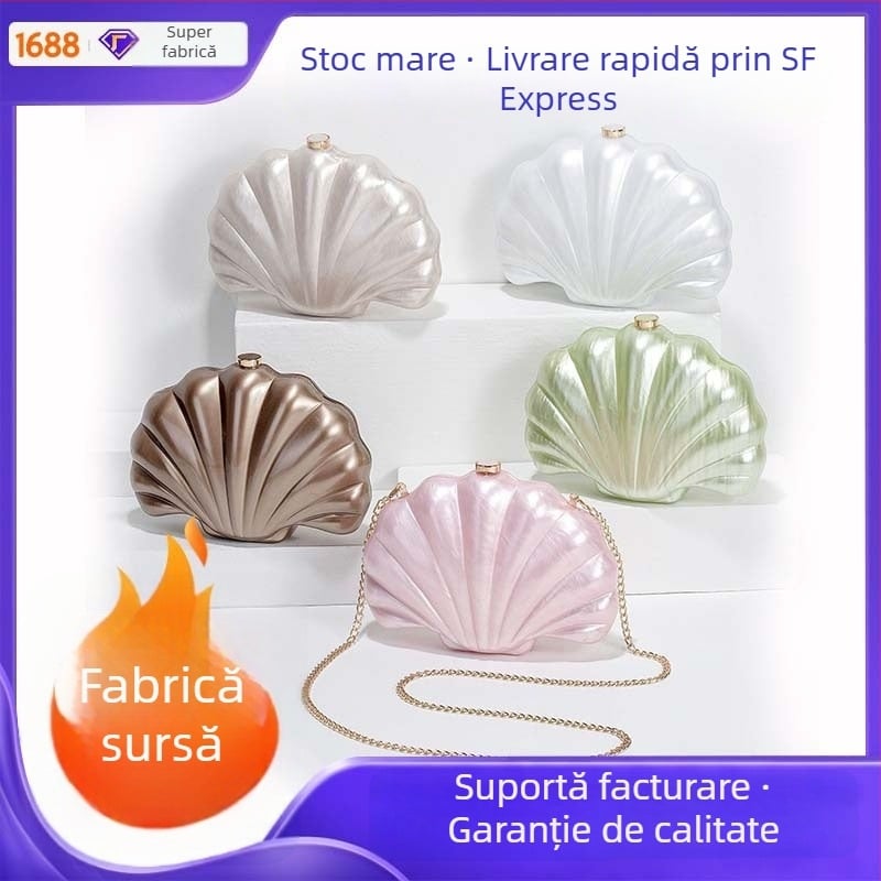 Geantă de umăr din acrilic, în formă de scoică, clutch oval pentru nunți și evenimente de seară