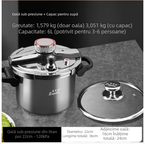 Vas sub presiune din titan pur, antibacterian, rezistent la explozie, pentru uz casnic, compatibil cu aragazuri pe gaz și inducție, cu fund triplu-strat, compact