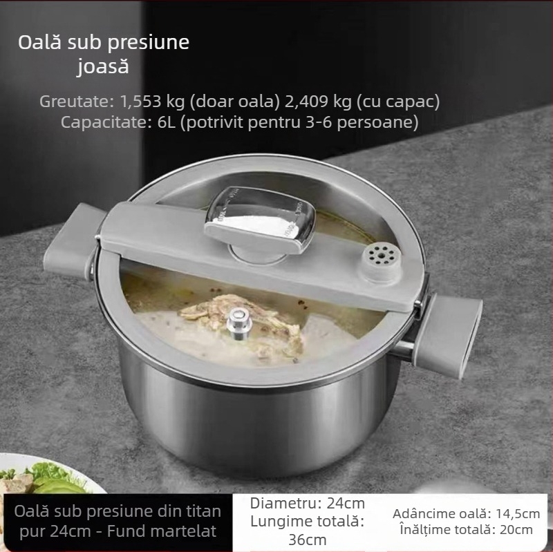 Vas sub presiune din titan pur, antibacterian, rezistent la explozie, pentru uz casnic, compatibil cu aragazuri pe gaz și inducție, cu fund triplu-strat, compact