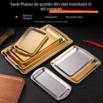 Oțel inoxidabil 304, platou dreptunghiular pentru grătar în stil coreean, îngroșat, finisaj auriu, farfurie plată pentru gustări și prăjituri