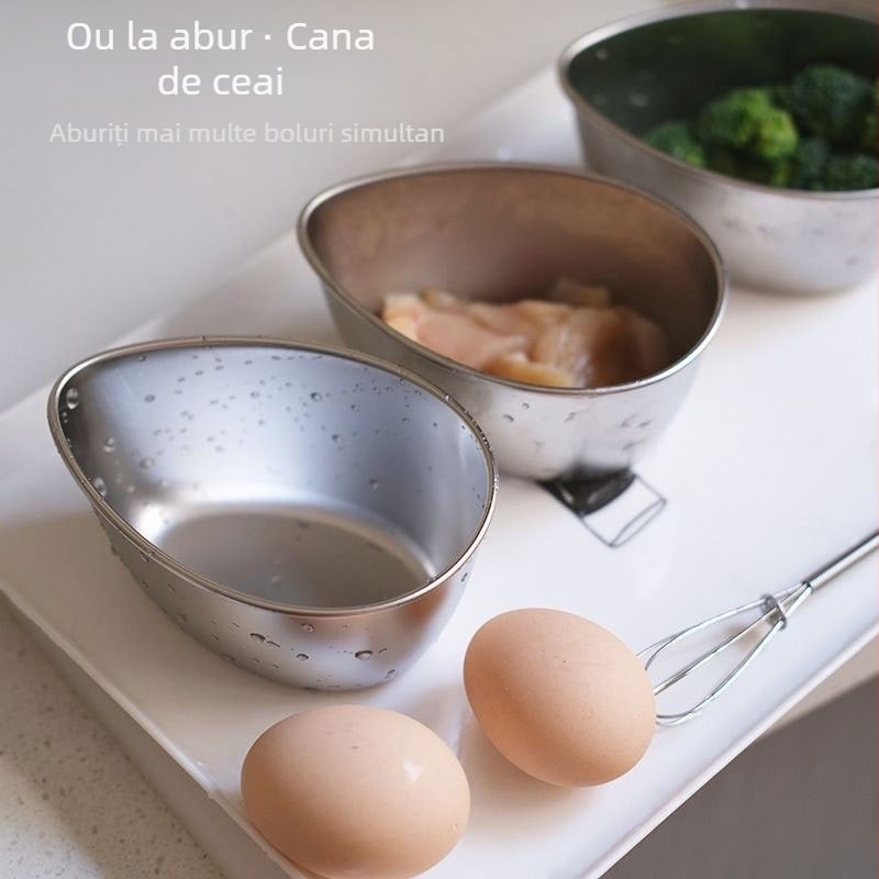 Tavă de aburi din oțel inoxidabil, în formă de ou, pentru orez și feluri calde, cu design de separare a aromelor