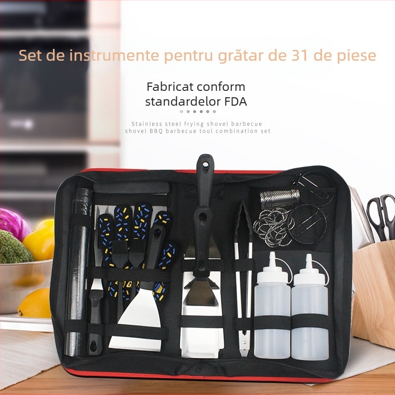 Set de unelte pentru grătar din oțel inoxidabil pentru exterior – spatul pentru grătar, lopată pentru grătar, cuțit, clemă, pensulă, furculiță, mănuși și plasă