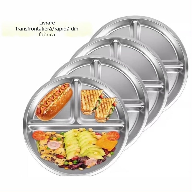 Farfurie circulară din oțel inoxidabil cu trei compartimente pentru controlul porțiilor