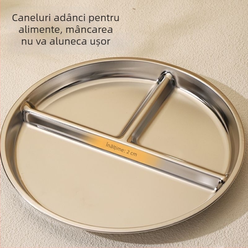 Farfurie circulară din oțel inoxidabil cu trei compartimente pentru controlul porțiilor