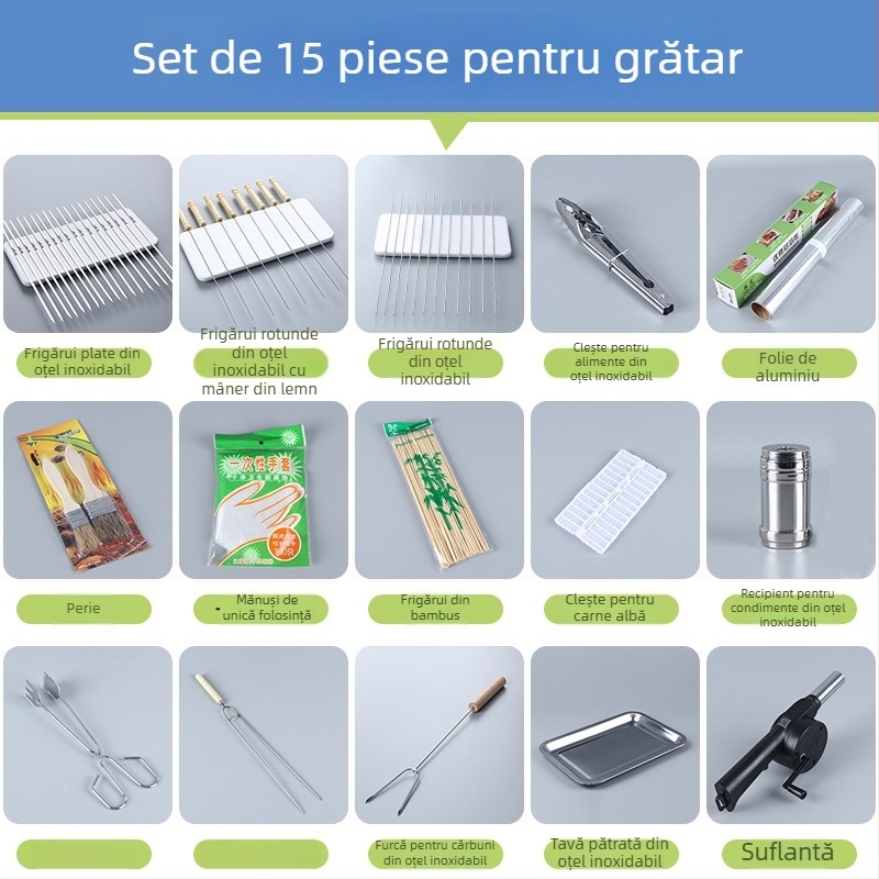 Set de instrumente pentru grătar din oțel inoxidabil, cu 10 accesorii pentru exterior și 15 bucăți folie de aluminiu