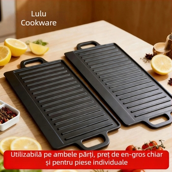 Tigaie de grătar din fontă, două fețe, dreptunghiulară, cu suprafață texturată și două mâneri, pentru gătit la grătar carne și friptură