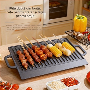 Tigaie de grătar din fontă, două fețe, dreptunghiulară, cu suprafață texturată și două mâneri, pentru gătit la grătar carne și friptură