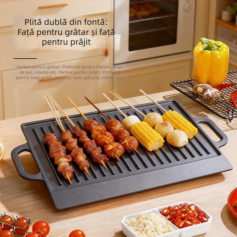 Tigaie de grătar din fontă, două fețe, dreptunghiulară, cu suprafață texturată și două mâneri, pentru gătit la grătar carne și friptură