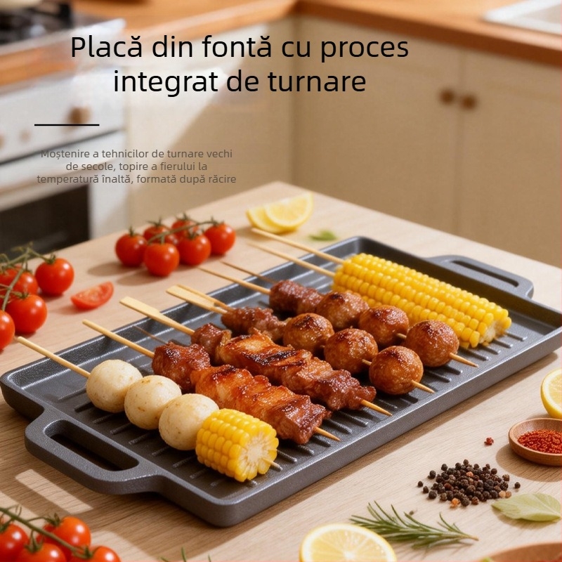 Tigaie de grătar din fontă, două fețe, dreptunghiulară, cu suprafață texturată și două mâneri, pentru gătit la grătar carne și friptură