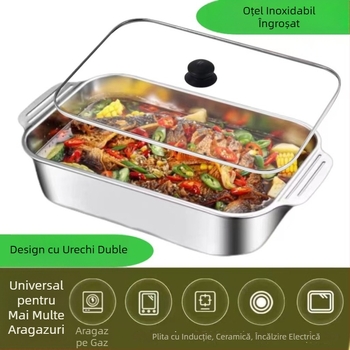 Farfurie pentru pește din oțel inoxidabil de calitate alimentară 304, cu capac, tavă pătrată pentru grătar, camping și fructe de mare