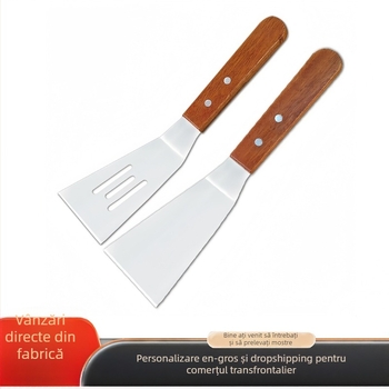 Set spatule din oțel inox cu mâner din lemn — spatulă mică pentru prăjit, spatulă perforată pentru friptură și pizza, unelte de grătar pentru exterior, anti-arzare, antiderapant