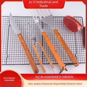 Set exterior din 4 instrumente BBQ cu mâner din lemn și oțel inoxidabil — cuțit, clipsă, furculiță, spatulă