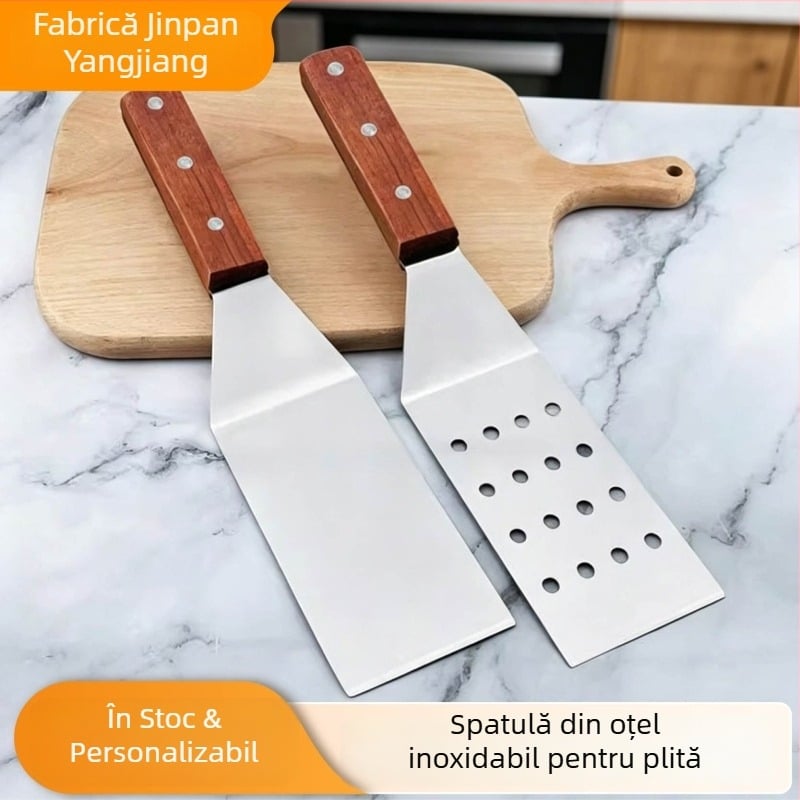 Set de ustensile pentru grătar din oțel inoxidabil, cu mâner din lemn - spatulă teppanyaki, rezistentă la temperaturi înalte