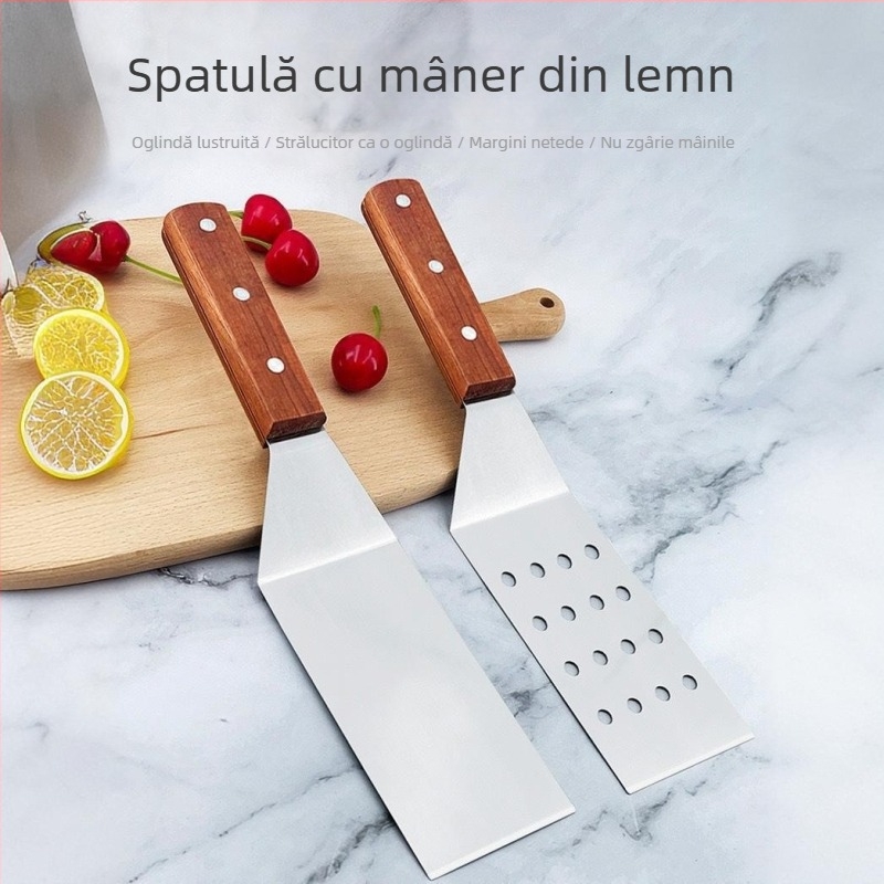 Set de ustensile pentru grătar din oțel inoxidabil, cu mâner din lemn - spatulă teppanyaki, rezistentă la temperaturi înalte