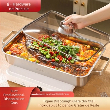 Tavă de gătit din oțel inoxidabil 316, dreptunghiulară, adâncă și îngroșată, cu capac, pentru plitele cu inducție.
