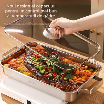 Tavă de gătit din oțel inoxidabil 316, dreptunghiulară, adâncă și îngroșată, cu capac, pentru plitele cu inducție.