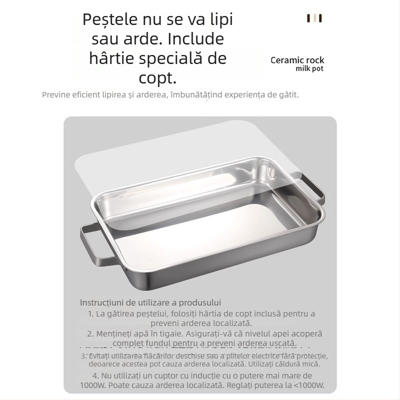 Tavă de gătit din oțel inoxidabil 316, dreptunghiulară, adâncă și îngroșată, cu capac, pentru plitele cu inducție.