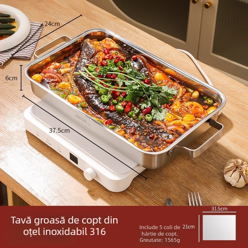 Tavă de gătit din oțel inoxidabil 316, dreptunghiulară, adâncă și îngroșată, cu capac, pentru plitele cu inducție.