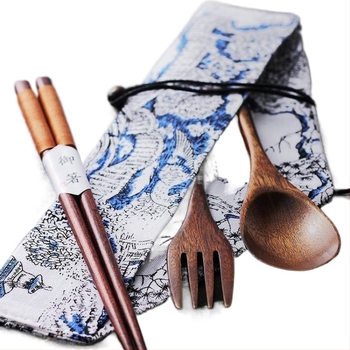 Bețișoare de bucătărie din lemn, pentru călătorii, cu lingură, într-o cutie portabilă – set de trei piese