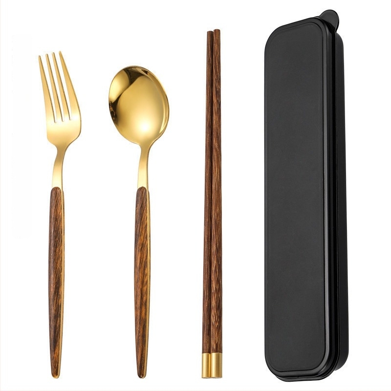 Bețișoare de bucătărie din lemn, pentru călătorii, cu lingură, într-o cutie portabilă – set de trei piese