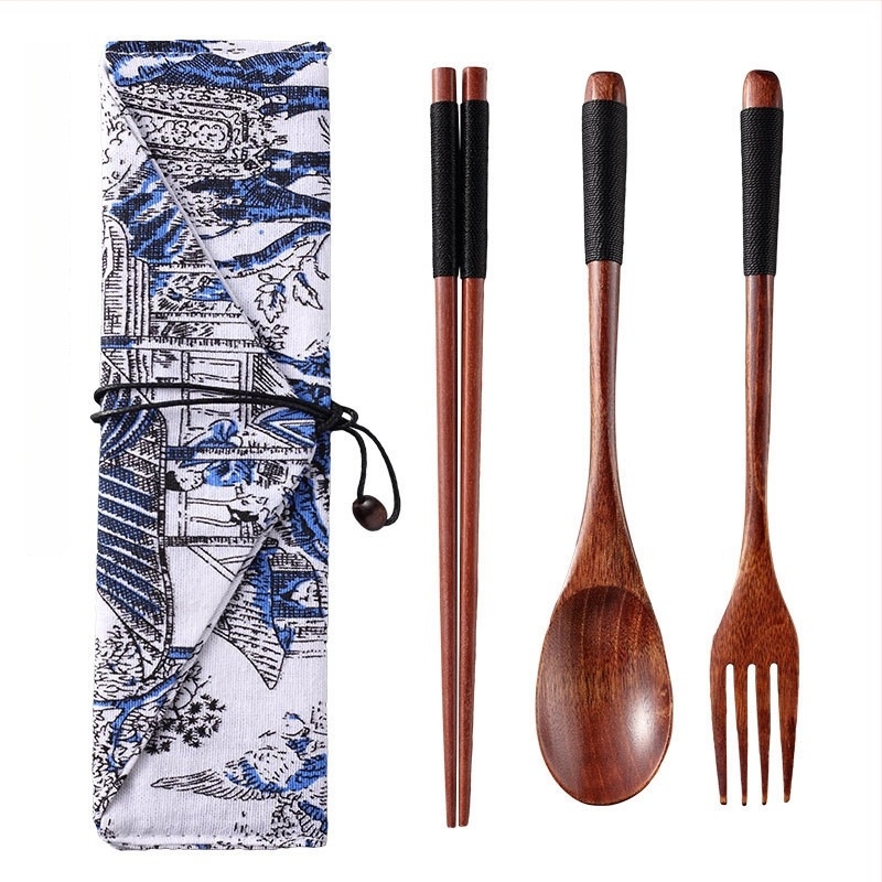 Bețișoare de bucătărie din lemn, pentru călătorii, cu lingură, într-o cutie portabilă – set de trei piese