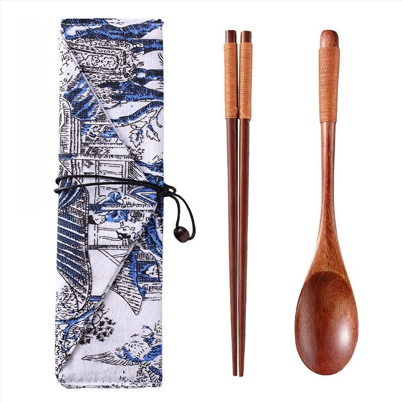 Bețișoare de bucătărie din lemn, pentru călătorii, cu lingură, într-o cutie portabilă – set de trei piese