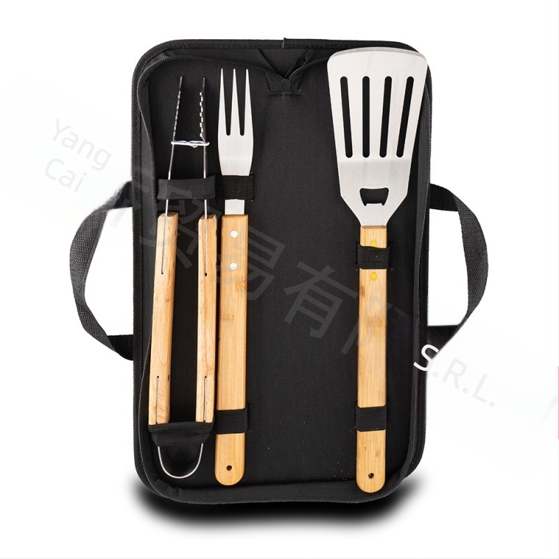 Set barbecue din oțel inox cu mâner din lemn, 3 piese: furculiță, clește, spatulă