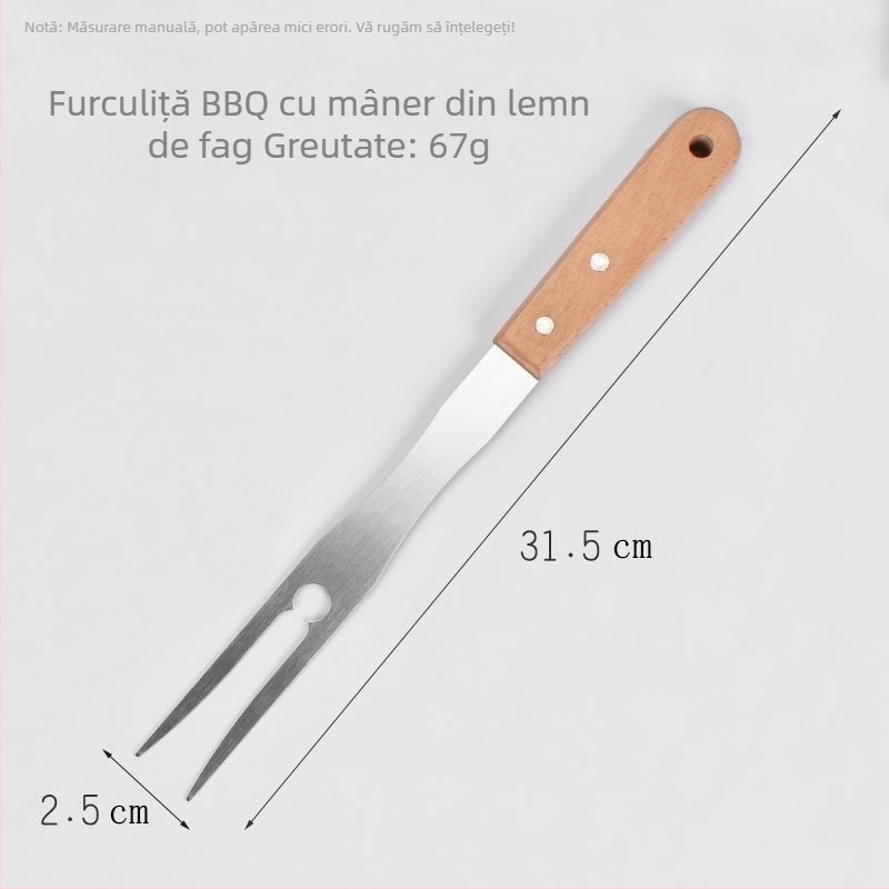 furculiță de grătar din oțel inoxidabil, mâner din lemn în formă de U, bețe pentru marshmallow și frigărui de carne