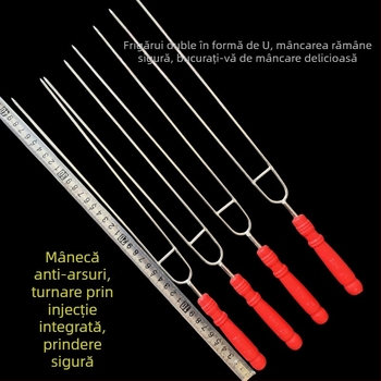 Furculițe pentru grătar din oțel inoxidabil cu cap U, vârfuri duble, mâner din lemn gros, pentru uz casnic și comercial